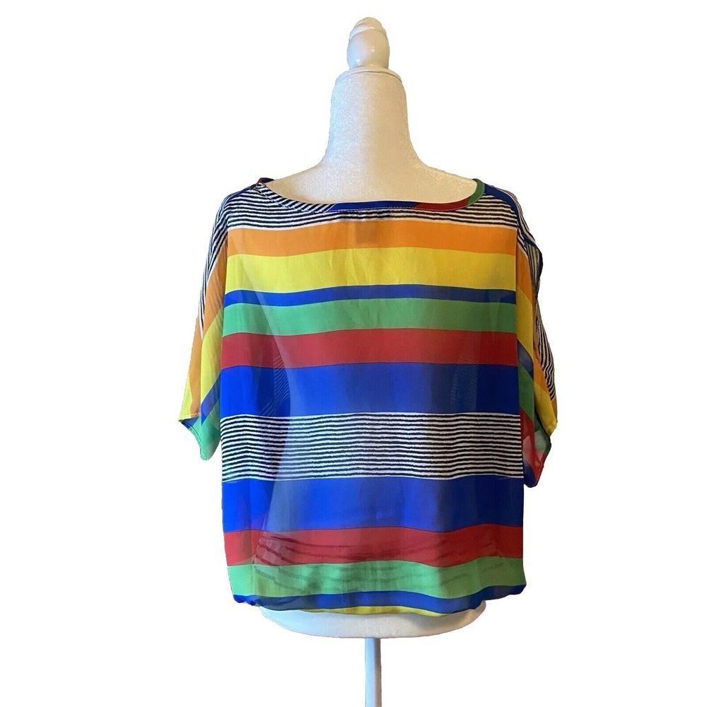 Pink Collection Size XL Cropped Top‎ Bright Stripes Sheer Cold Shoulder Flaw - Picture 3 of 9